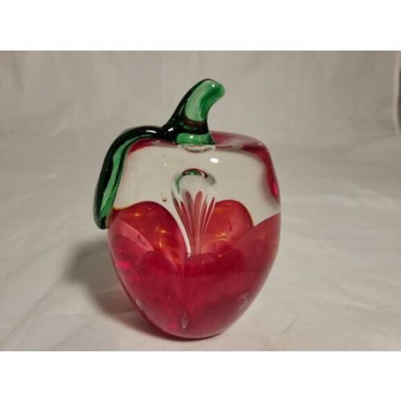 Joe Rice Art Glass Paperweight Red Apple Windowed Clear Glass w/ red floral NICE - Picture 2 of 16